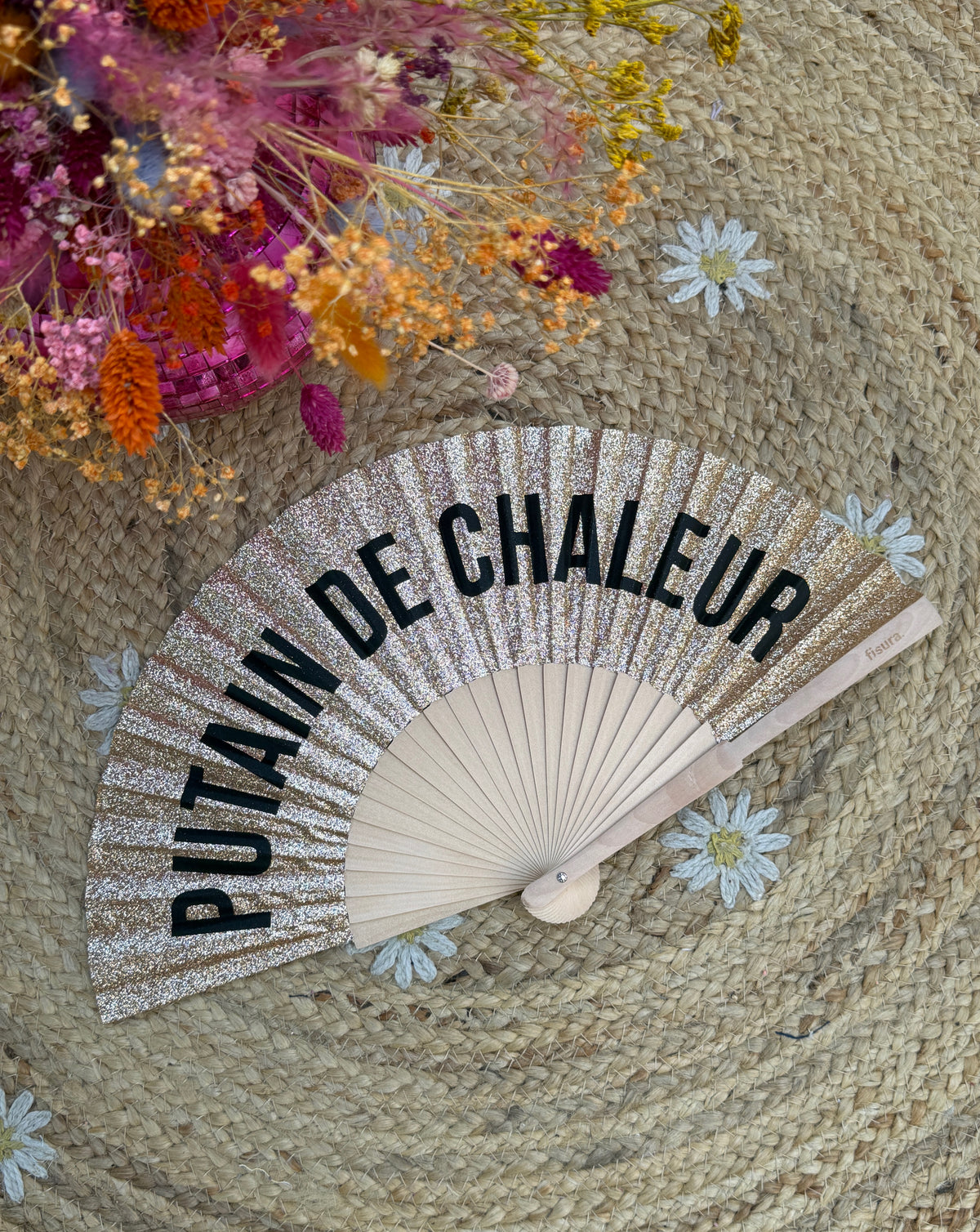 Éventail “Putain de chaleur” doré